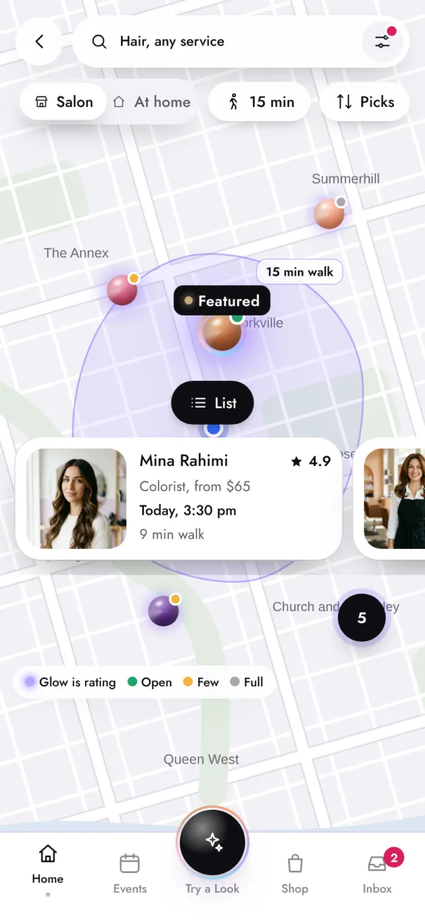 Map of stylists near Yorkville with glowing pins